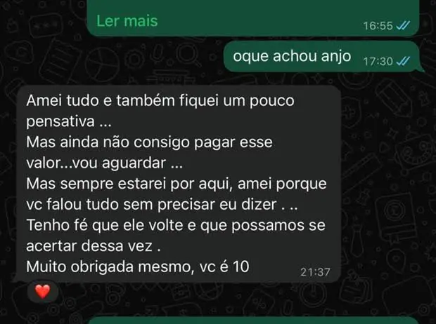 Cliente elogia a leitura e diz que ainda n&atilde;o consegue pagar o valor, sem ser pressionada.
